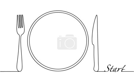 Ein Löffel und eine Gabel liegen auf den Seiten des Tellers. Die Position des Bestecks bedeutet, dass die Person noch nicht mit dem Essen begonnen hat. Vektorillustration.
