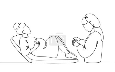 Eine schwangere Frau liegt auf der Couch. Die Hebamme hilft ihr durch den Entbindungsprozess. Der Internationale Tag der Hebammen. Einfache Linienvektorabbildung.