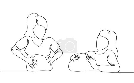 A pregnant woman experiences abdominal pain. The expectant mother is holding her stomach. Vector.