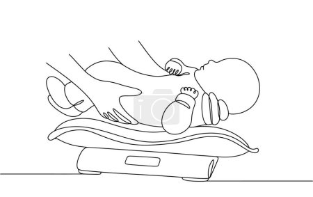 Der Arzt stellt das Baby auf die Waage. Messung der Parameter eines Neugeborenen. Das Gewicht des Babys kontrollieren.