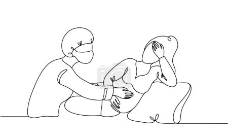 A pregnant woman is experiencing contractions. The midwife supports the woman in labor and palpates the abdomen. Vector illustration.