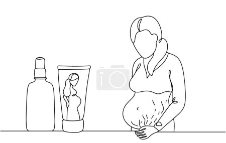 A pregnant woman is faced with the problem of skin stretch marks on her abdomen. Using special creams and oils to prevent the appearance of stretch marks. Vector.