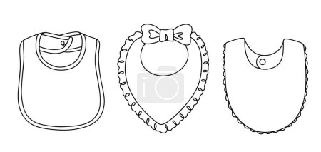 Bib. A piece of clothing located from the neck level and covering the upper chest to protect clothing from possible contamination during eating. Three different bib designs.