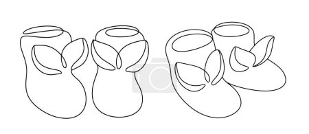 Illustration for Cute baby booties with bunny ears. Lightweight knitted decorative boots for infants up to 1 year of age. Isolated vector on white background. Hand drawn line illustration. - Royalty Free Image