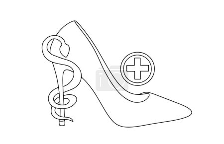 A snake wraps around a woman's heel. Symbol of healthcare and women's health. Continuous line illustration on a white background.