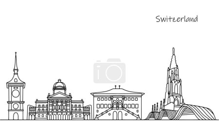 Architektur und Bauten in der Schweiz. Stadtbild von Bern. Orte für Ausflüge. Schwarz-weiße Linienillustration.