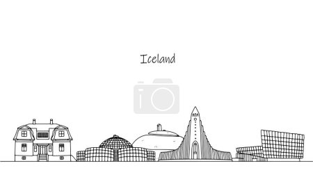 Beliebte Touristenorte in Island. Die Schönheit und Pracht Reykjaviks. Schwarz-weiße Linienillustration. Vektor.