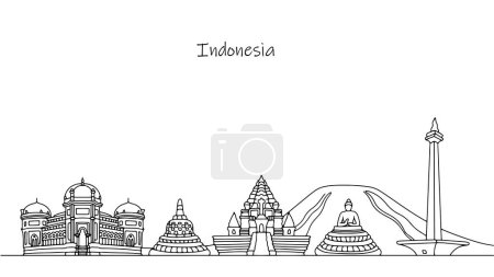 Ilustración de Naturaleza y arquitectura de Indonesia. Impresionantemente hermosa arquitectura y el famoso volcán. Ilustración de línea vectorial para diferentes usos. - Imagen libre de derechos