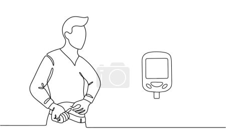 A man injects himself with insulin. Quick help to normalize the condition of diabetes. Vector line illustration.