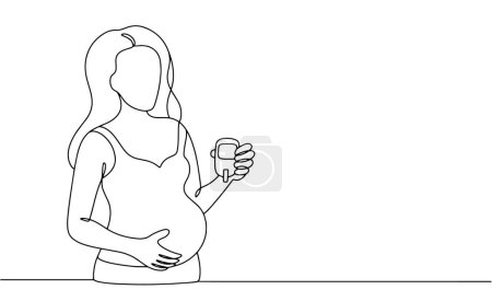 Una mujer embarazada tiene un glucosímetro en la mano. Prevención y diagnóstico de diabetes gestacional. Ilustración simple vector.