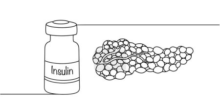 Páncreas. Órgano que produce insulina en el cuerpo humano. Frasco médico con insulina cerca. Ilustración médica sobre la diabetes.