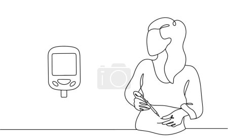 Una mujer se inyecta insulina en el estómago. Diabetes mellitus insulinodependiente. Ilustración de línea dibujada a mano simple.
