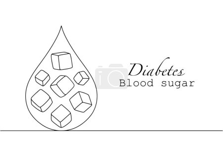 Azúcar en una gota de sangre. Niveles altos de glucosa. Enfermedad diabética. Ilustración dibujada a mano para diferentes usos. 