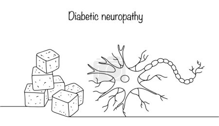 Sugar and neuron. Negative effects of excess glucose on the human nervous system. Diabetic neuropathy. Vector illustration for different uses.
