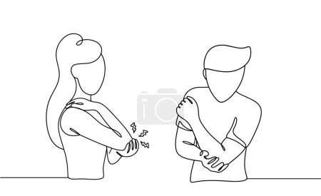 Illustration for Pain in the elbow. A man and a woman are holding their elbows. Pain due to injury, bruise or sprain. Vector line illustration. - Royalty Free Image