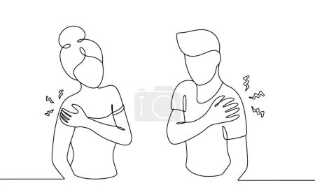 Illustration for Man and woman with severe shoulder pain. Shoulder dislocation. Injury with temporary impairment of shoulder mobility. A simple vector for different uses. - Royalty Free Image