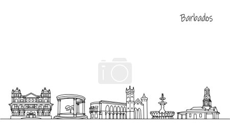 Viajando por las calles de Barbados. Panorama de las calles de la isla, que atrae a los turistas. Ilustración en blanco y negro. Vector aislado.
