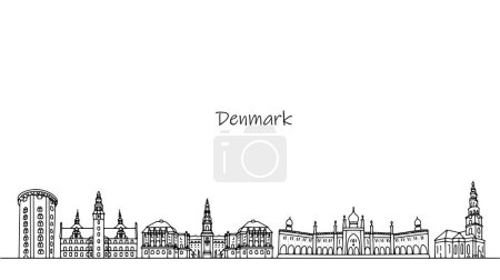 Edificios y arquitectura de Dinamarca. Un pintoresco país situado en el norte de Europa. Lugares favoritos para turistas y viajeros. Ilustración para diferentes usos. Vector.