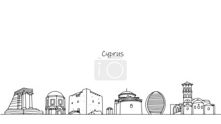 Kultur und Architektur Zyperns. Handgezeichnetes Stadtbild eines Inselstaates. Vektorillustration.