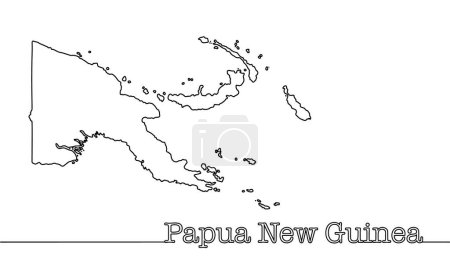 Téléchargez les illustrations : Silhouette des frontières de l'État de Papouasie-Nouvelle-Guinée. Un état en Océanie situé sur une île. Dessin en ligne noir continu avec texte. - en licence libre de droit