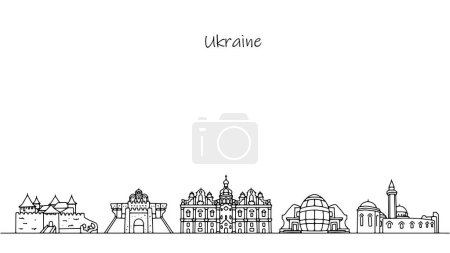 Handgezeichnete architektonische Gebäude der Ukraine. Orte, die Touristen gerne in Kiew und anderen Städten des Landes besuchen. Einfache Vektor-Illustration für unterschiedliche Anwendungen.