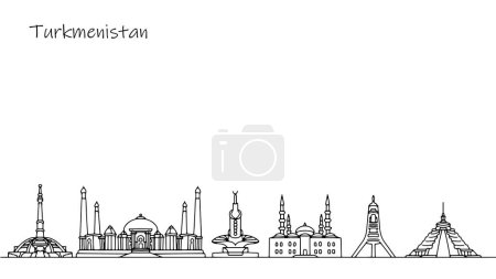 Atemberaubende Gebäude und Architektur Turkmenistans. Kultur eines unabhängigen Staates in Asien. Schwarz-Weiß-Illustration für unterschiedliche Verwendungszwecke. Vektor.