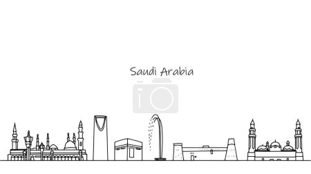 Kingdom of Saudi Arabia. Panorama of the streets of the Arab state. Architecture and culture of an unusual country. Black and white illustration for use in tourism.
