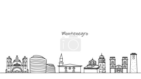 Monténégro ligne Voyage skyline ensemble. Illustration vectorielle. Architecture dessinée à la main d'un pays européen. Lieux touristiques.