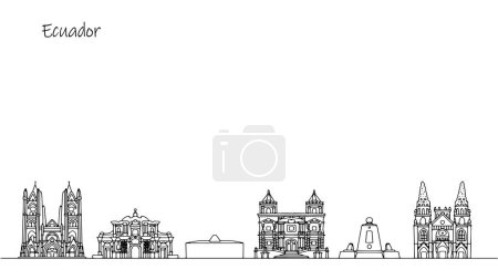 Architektur Ecuadors. Sehenswürdigkeiten und schöne Orte des südamerikanischen Landes. Handgezeichnete Schwarz-Weiß-Illustration.