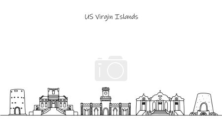 Paisaje urbano de las Islas Vírgenes de Estados Unidos. Edificios y arquitectura dibujados con líneas simples dibujadas a mano. Ilustración vectorial para diferentes usos.