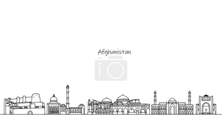 Architecture reflecting the culture and religion of Afghanistan. Mosques and buildings that attract tourists. Black and white line illustration for use in tourism. Vector.