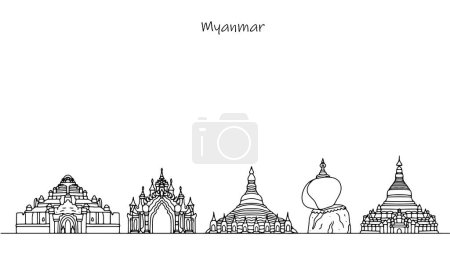 Famous buildings of Myanmar drawn with simple black lines. Cityscape with country landmarks. Vector illustration.