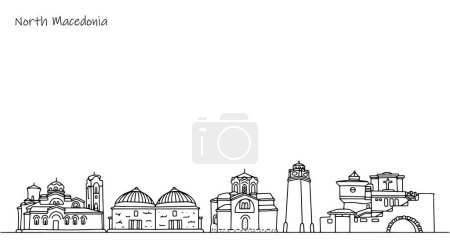 A variety of beautiful architecture on the streets of North Macedonia. Town landscape of a European country. A set of hand-drawn landmarks for various uses.