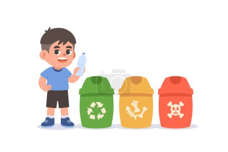 Illustration for A Asian boy holding a bottle of water doing waste separation with rubbish bin, illustration cartoon character vector design on white background. kid and education concept. - Royalty Free Image