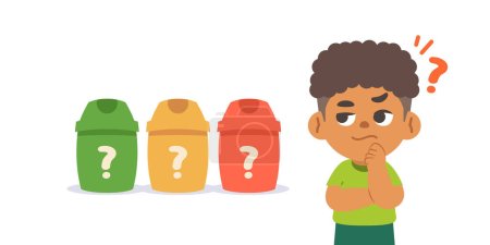 Illustration for A black boy wondered about the different types of trash bins. illustration cartoon character vector design on white background. - Royalty Free Image