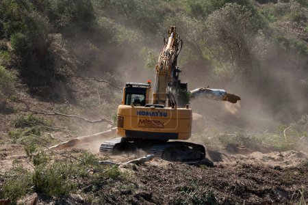 Foto de Robertson, Western Cape, Sudáfrica. 2023. Contratista que retira árboles de eucalipto usando una excavadora de la orilla del río Breede para ahorrar agua. - Imagen libre de derechos