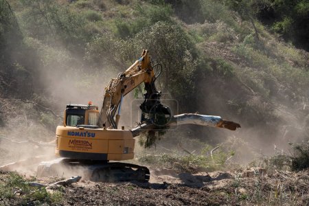 Foto de Robertson, Western Cape, Sudáfrica. 2023. Contratista que retira árboles de eucalipto usando una excavadora de la orilla del río Breede para ahorrar agua. - Imagen libre de derechos