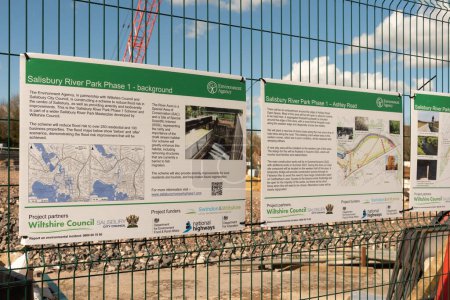 Photo for Salisbury, Wiltshire, England, UK. 2023. Information boards on the River Park, River Avon construction site. The Scheme is to reduce flood risk in the city. - Royalty Free Image