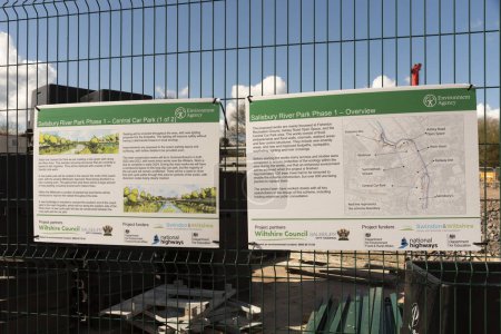 Photo for Salisbury, Wiltshire, England, UK. 2023. Information boards on the River Park, River Avon construction site. The Scheme is to reduce flood risk in the city. - Royalty Free Image