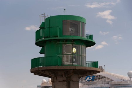 Photo for France, Europe. 2023.  Green beacon at the entrance to the port of Le Havre, northern France, Europe. - Royalty Free Image