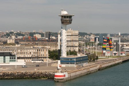 Photo for Le Havre northen France, Europe. 2023. An overview of the control tower at the entrance to the Port Le Havre, France. - Royalty Free Image