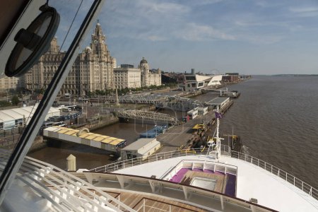 Photo for Liverpool, England, UK. 2023. View from the bridge of  a cruise ship along the famous waterfront of Liverpool and the River Mersey. - Royalty Free Image