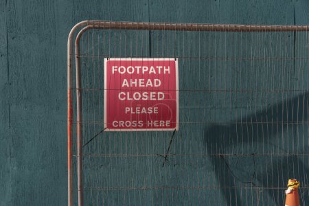 Photo for Plymouth Devon, England, UK. 2 September 2023. Footpath closed ahead sign on a construction site in Plymouth, Devon, England, UK. - Royalty Free Image