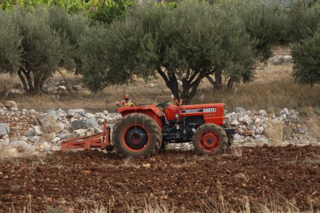 Photo for Malia, Crete, Greece, Europe. 27.09.2023.  A red tractor ready to plough a small plot of farmland in a stoney area of northern Crete, Europe. - Royalty Free Image