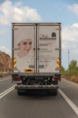 Photo for Heraklion, Crete, Greece, Europe. 02.10.2023.  Rear view of a catering industry truck on the national road approaching Heraklion Crete. - Royalty Free Image