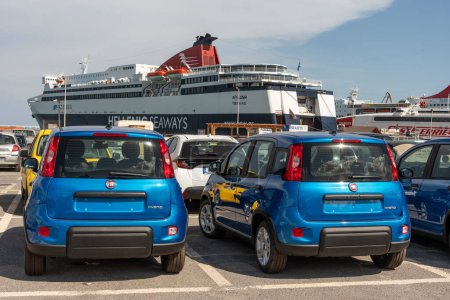 Photo for Herklion, Crete, Greece. 26.09.2023. Blue small cars unregistered and parked in the Port of Heraklion, Greece, Europe. - Royalty Free Image