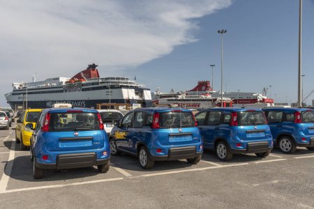 Photo for Herklion, Crete, Greece. 26.09.2023. Blue small cars unregistered and parked in the Port of Heraklion, Greece, Europe. - Royalty Free Image