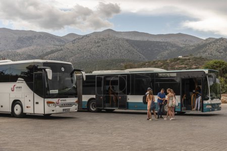 Photo for Crete, Greece, Europe.  26.09.2023.  Tour bus with passengers in Malia northern Crete. - Royalty Free Image