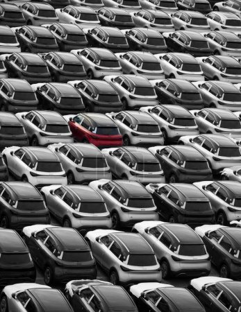 Photo for Zeebrugge Belgium Europe. 21.12.2024. A red car among new cars parked on the dockside for export and import in. the motor trade. - Royalty Free Image