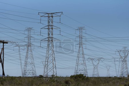 Hopefield, Western Cape, South Africa. 16. 04. 2024. Electrical power lines supplying electrcity for the national grid in S Africa.